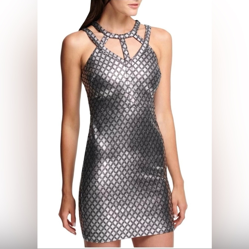 GUESS Silver & Black Halter Cutout Cocktail Dress Size 4